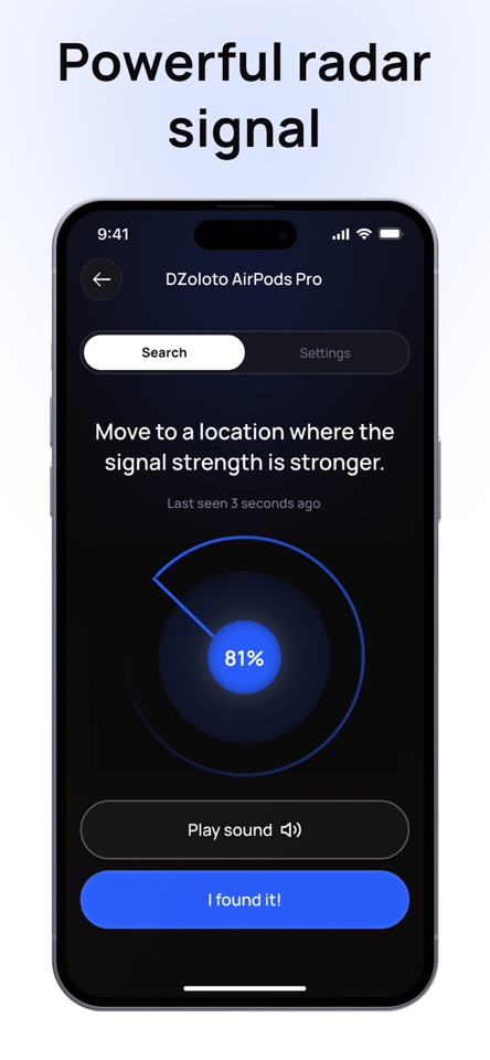 iPhone版BLE Detectorで選択したデバイスの信号レーダー