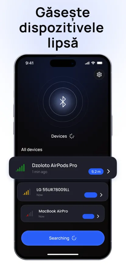 Lista dispozitivelor Bluetooth din apropiere în Bluetooth Finder pe iPhone